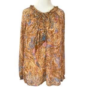 Women Long Sleeve Sheer Blouse Tank M Orange Paisley Tassel Boho Peasant Cottage